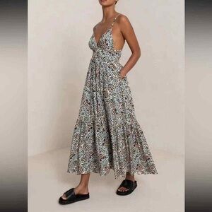 ALC Rhodes‎ Printed Cotton Poplin Tiered Midi Dress 4 Multicolor Open Back